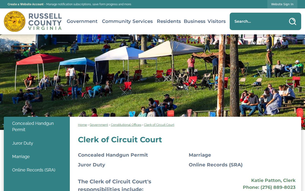 Russell County warrant records reference to Circuit Clerk contact details