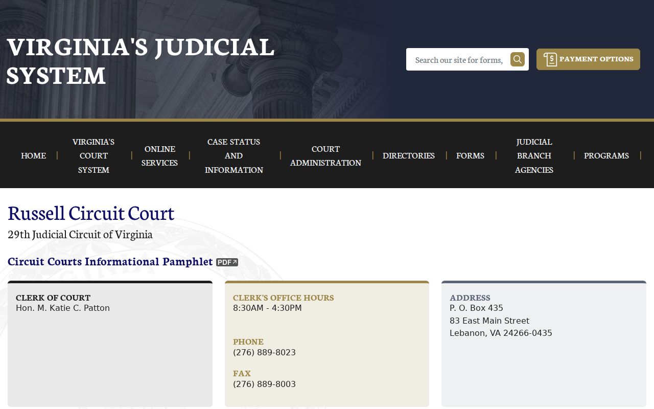 Russell County warrant records reference to Circuit Court contact and judicial information